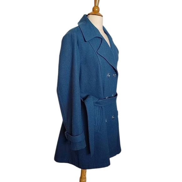 New York & Co. Womens Double-Breasted Wool Blend Teal Classic Trench Coat Belted - Picture 4 of 9